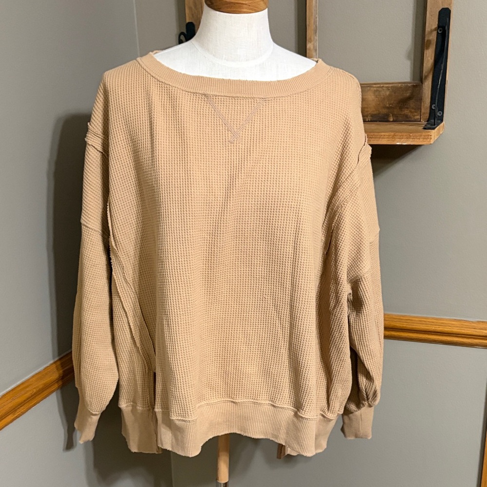 AE tan khaki big hug oversized crew neck waffle knit sweatshirt top  size Small